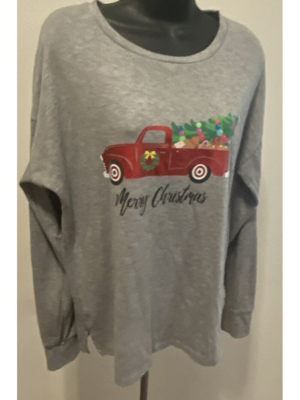 Modern Canvas Womens Large Long Sleeve Top Soft Gray Christmas Theme